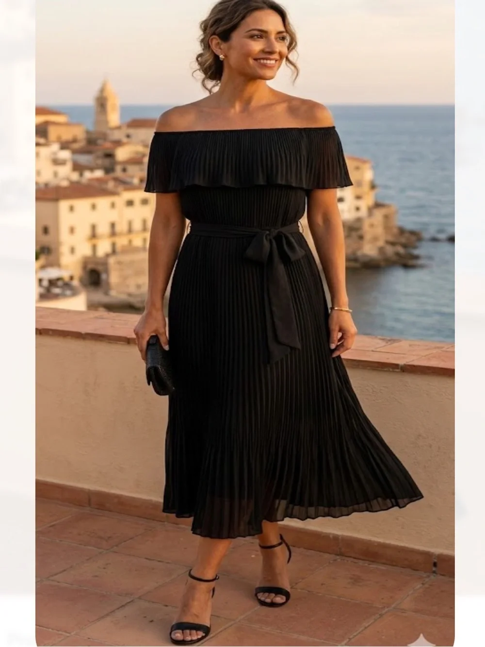 Michael Kors Black Midi Dress with Waist Sash